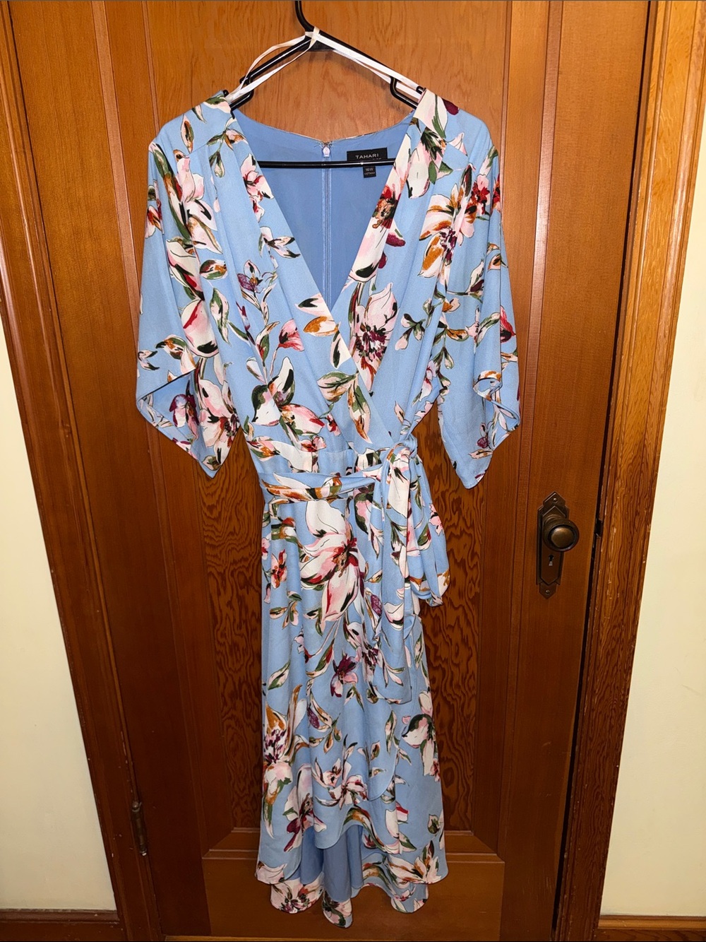 Tahari Sky Blue Floral Wrap Midi Dress